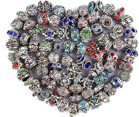 Set of 60 Assorted Silver-Plated European Beads for Jewelry Making