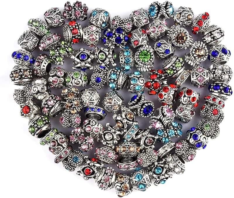 Set of 60 Assorted Silver-Plated European Beads for Jewelry Making