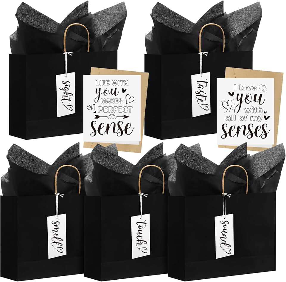 Five Sense Gift Bag with Tags, Kraft Paper, Black