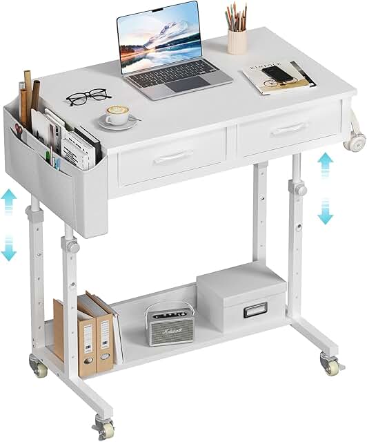 Small White Portable Rolling Standing Desk with Drawers