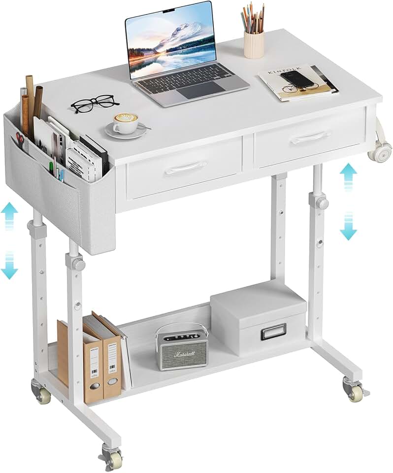 Small White Portable Rolling Standing Desk with Drawers