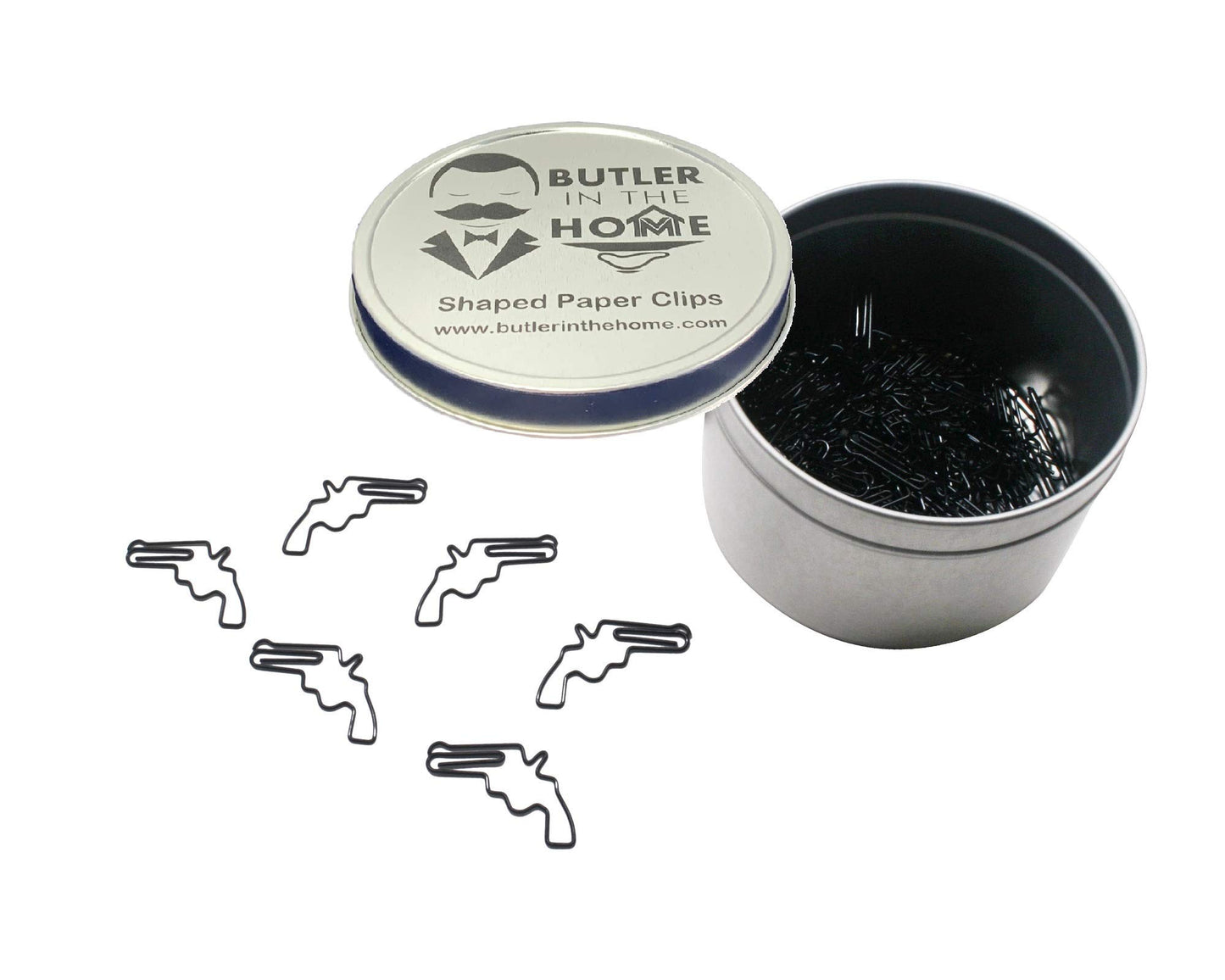 Gun-shaped paper clips in round tin, 100 count