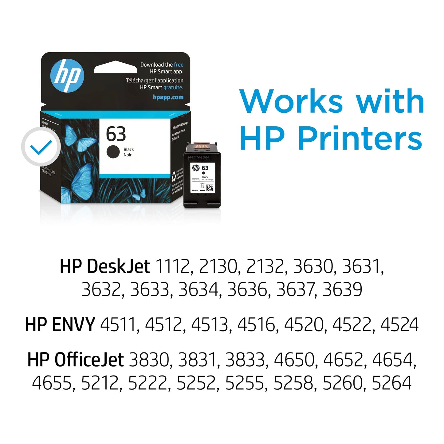 Original 63 Black Ink Cartridge | Works with DeskJet 1112, 2130, 3630 Series; ENVY 4510, 4520 Series; OfficeJet 3830, 4650, 5200 Series | Eligible for Instant Ink | F6U62AN