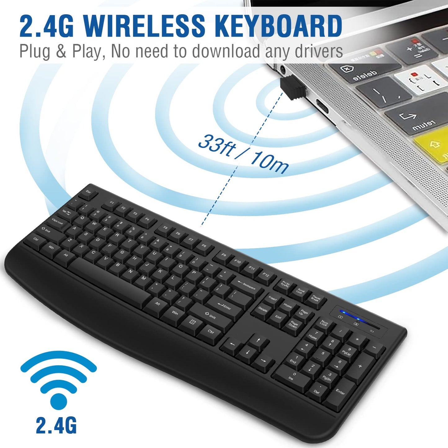 Wireless Keyboard, 2.4G Ergonomic Full Size Wireless Computer Keyboard with Wrist Rest for Windows, Mac OS Desktop/Laptop/PCBlack