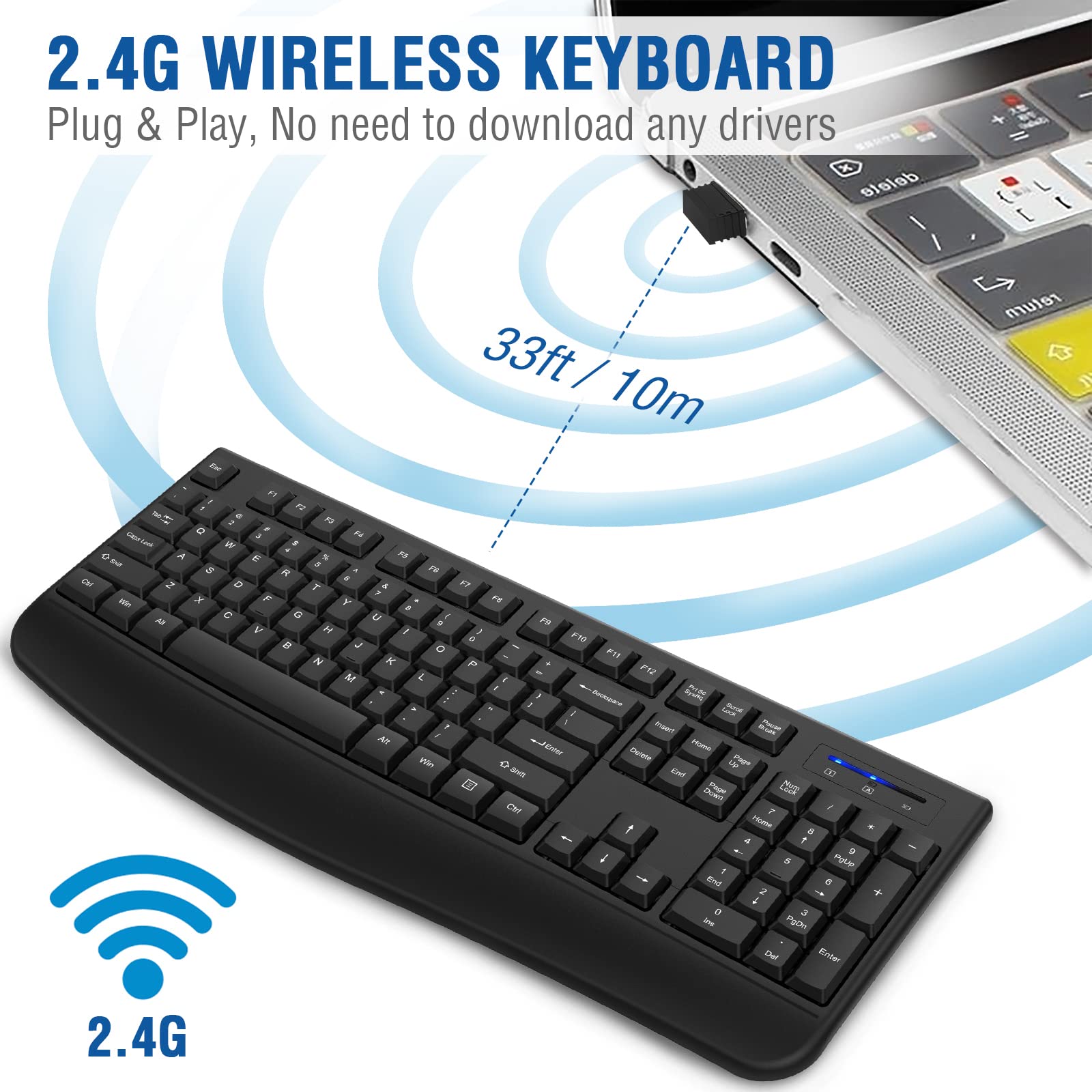 Wireless Keyboard, 2.4G Ergonomic Full Size Wireless Computer Keyboard with Wrist Rest for Windows, Mac OS Desktop/Laptop/PCBlack