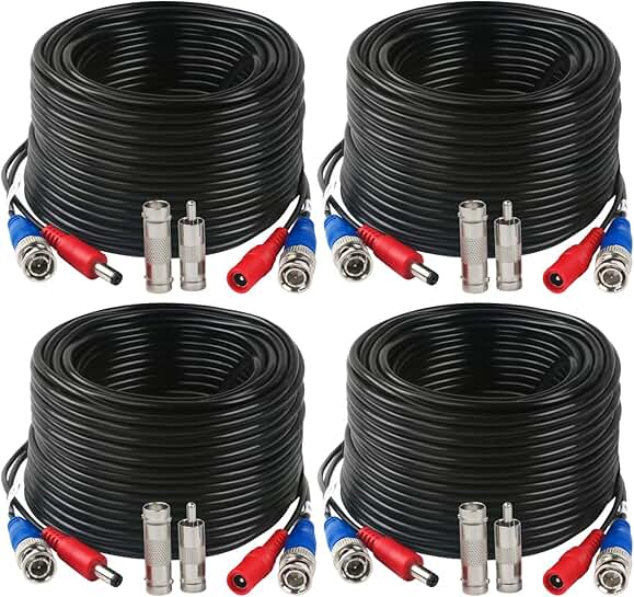 4 Pack 150 Feet BNC Video Power Cables for CCTV Cameras