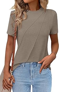 Women's Short Sleeve Pleated Crewneck Loose Fit T-Shirt