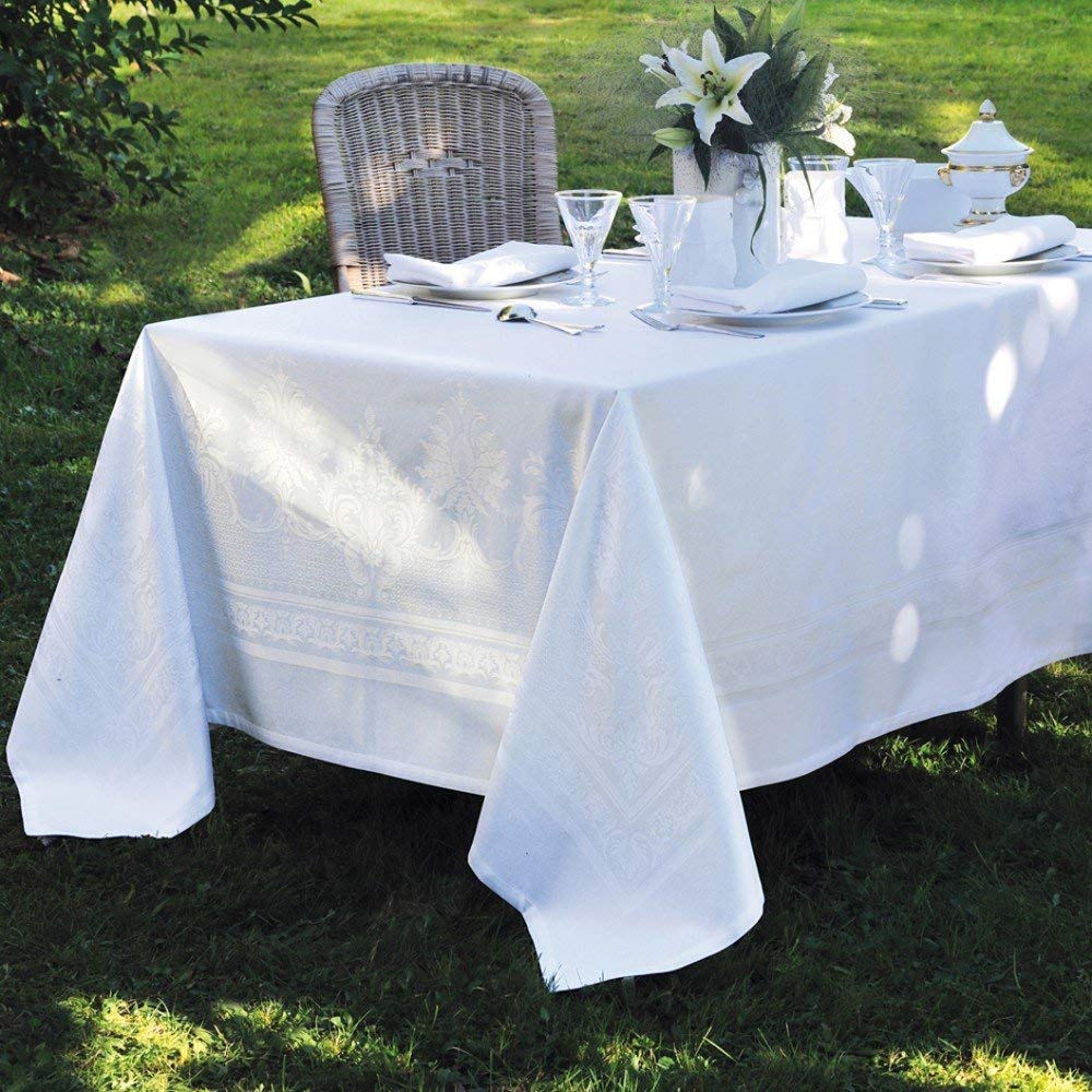 Thiebaut, Beauregard Blanc White) Tablecloth, 75" x 122", 100% two-ply twisted cotton, Made in France