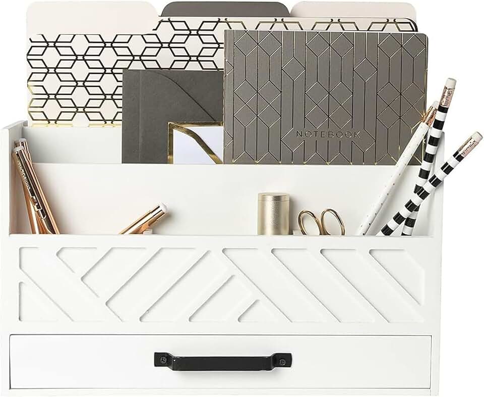 White wood mail organizer with drawer for countertop