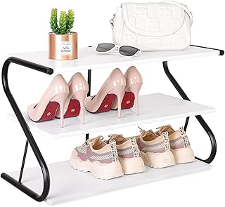 Wood Shoe Rack with Steel Frame, 3-Tier Organizer