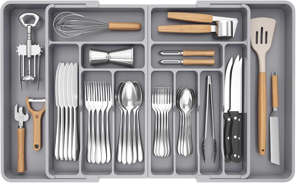 Expandable Silverware Drawer Organizer in Gray