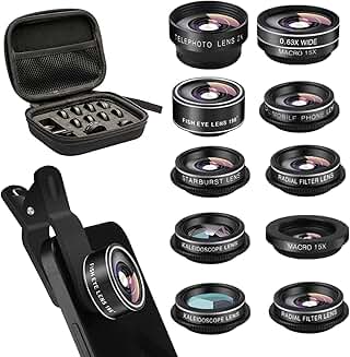 11-in-1 Cell Phone Camera Lens Kit with Wide, Macro, Fisheye, Telephoto, and Filter Lenses