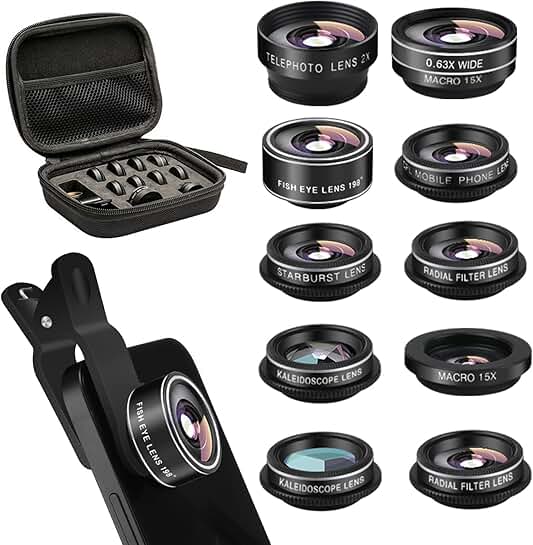 11-in-1 Cell Phone Camera Lens Kit with Wide, Macro, Fisheye, Telephoto, and Filter Lenses