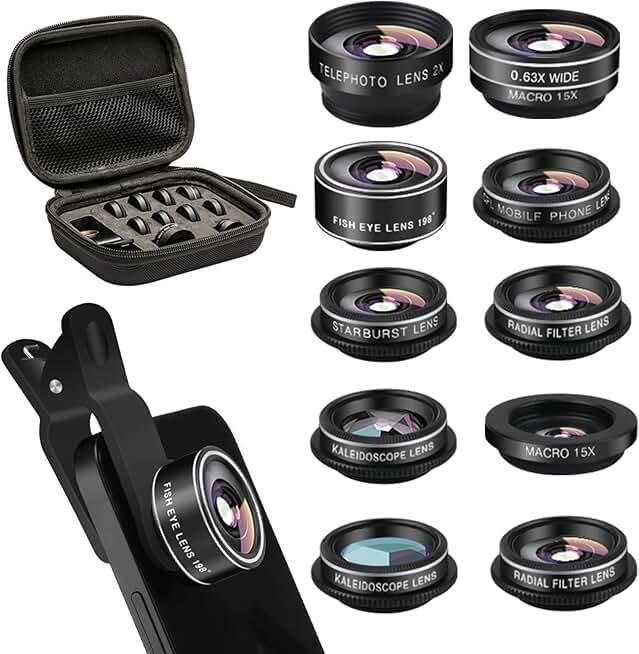 11-in-1 Cell Phone Camera Lens Kit with Wide, Macro, Fisheye, Telephoto, and Filter Lenses