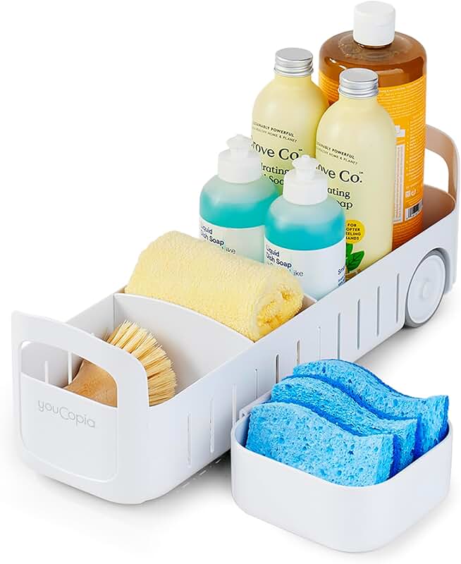 Rolling Storage Bin with Dividers and Basket for Kitchen and Bathroom