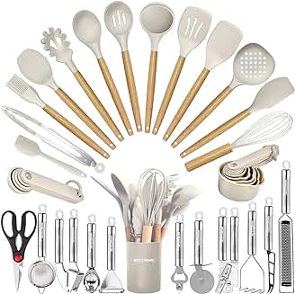 35-Piece Kitchen Utensil Set with Silicone and Wooden Handles
