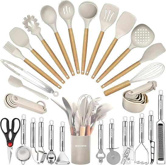 35-Piece Kitchen Utensil Set with Silicone and Wooden Handles