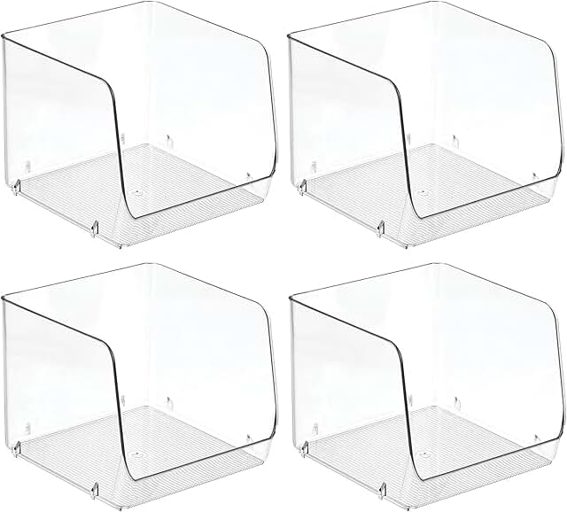 Set of 4 clear open-front storage bins for home use