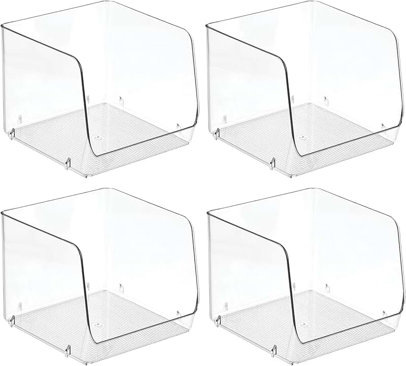 Set of 4 clear open-front storage bins for home use