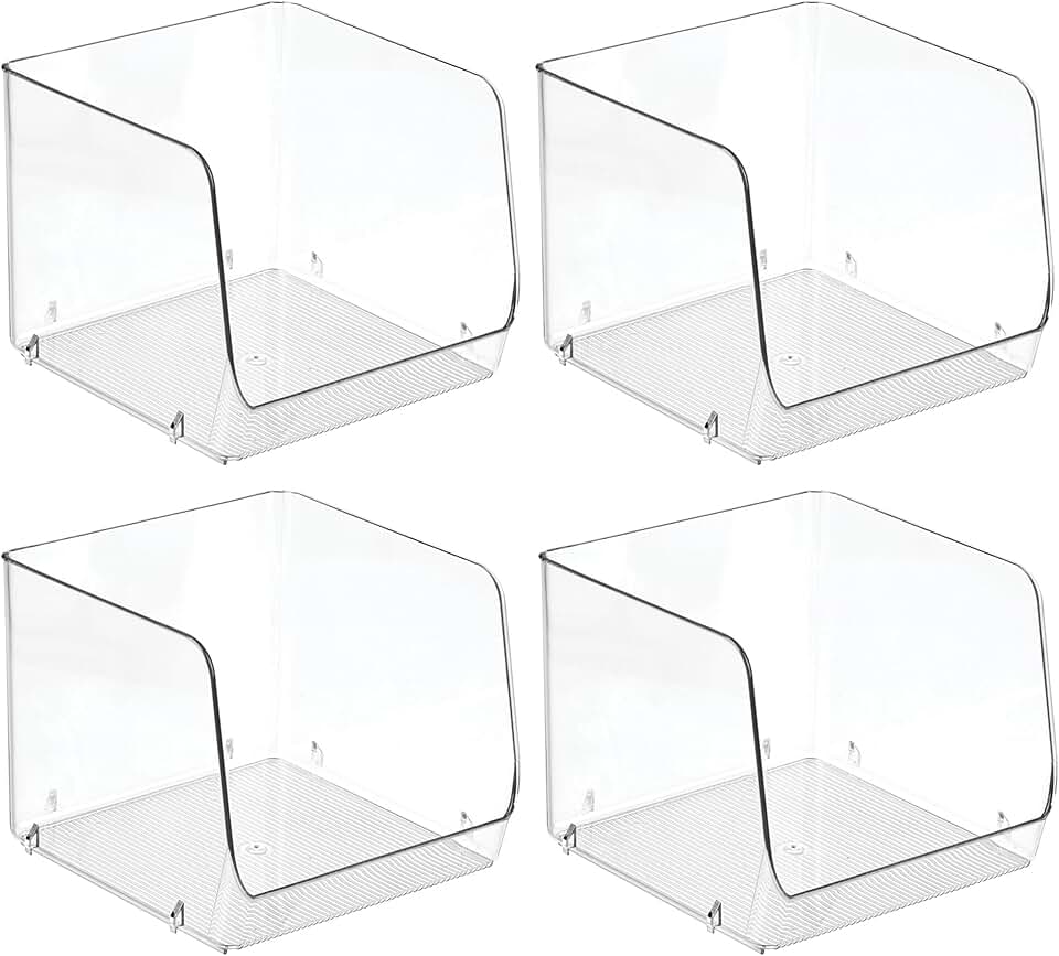 Set of 4 clear open-front storage bins for home use
