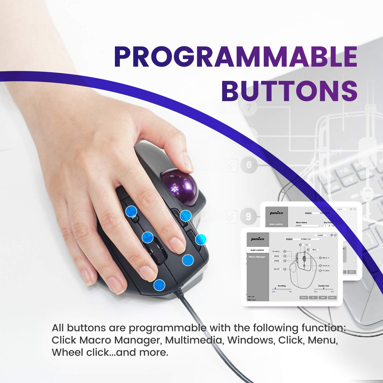 PERIMICE-520 Wired USB Ergonomic Programmable Trackball Mouse, Adjustable Angle, 8 Button Design, Black (PM-520-11447)