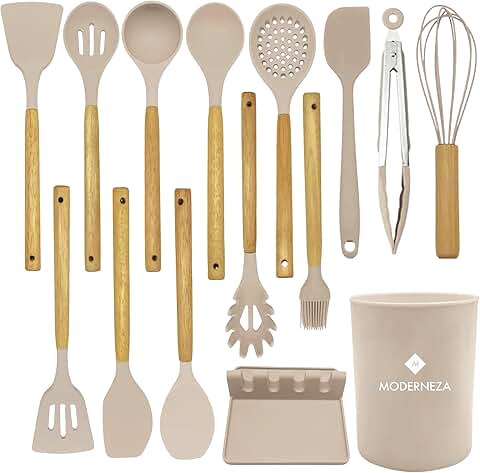 Silicone Kitchen Utensil Set with Wooden Handles