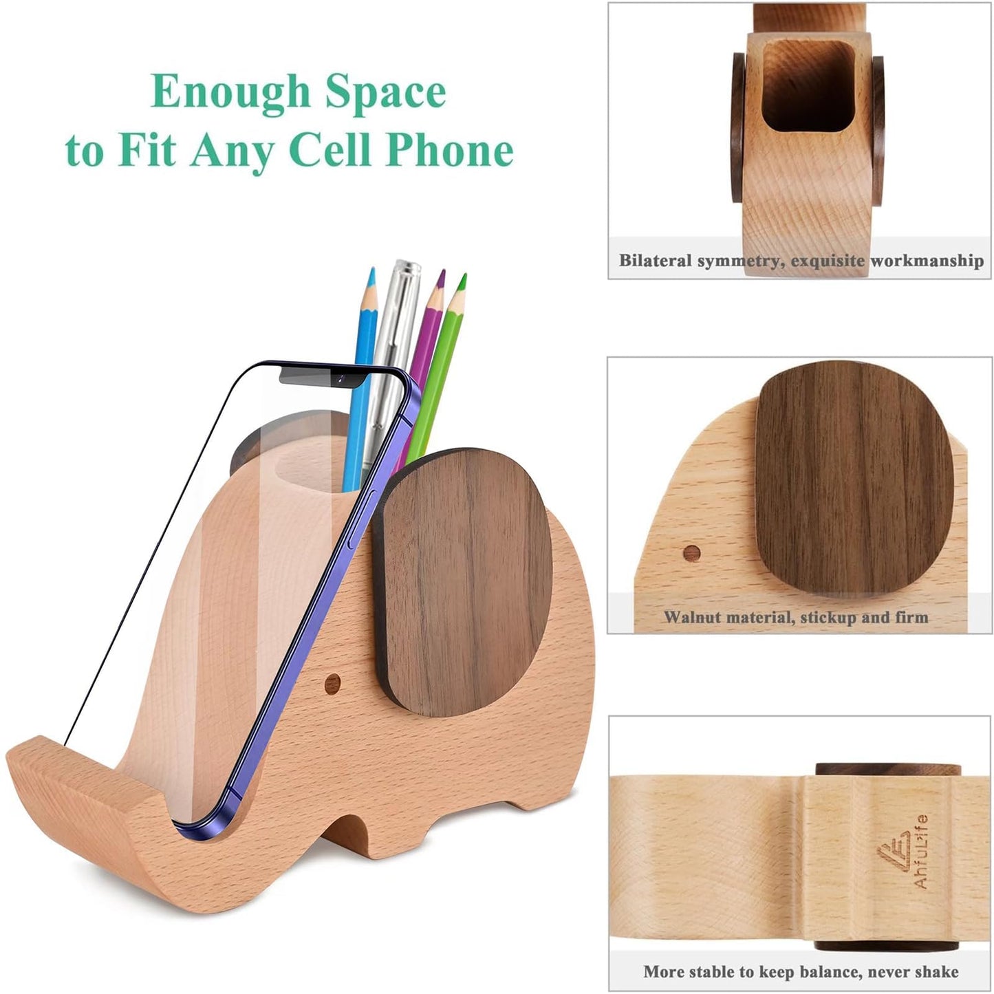 Wooden Elephant Phone Stand with Pen Holder and Desk Organizer