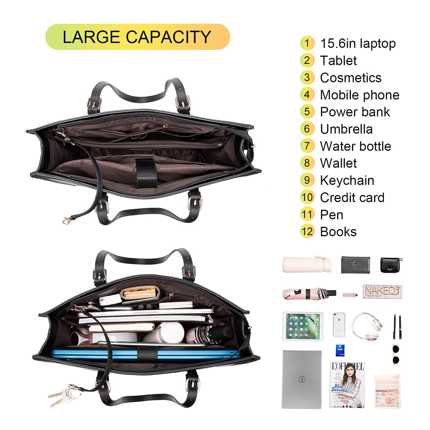 Laptop Bag for Women, Fashion Computer Tote Bag Large Capacity Handbag, Leather Shoulder Bag Purse Set, Professional Business Work Briefcase for Office Lady 2PCs, Fit 15.6 Inch Laptop, Black