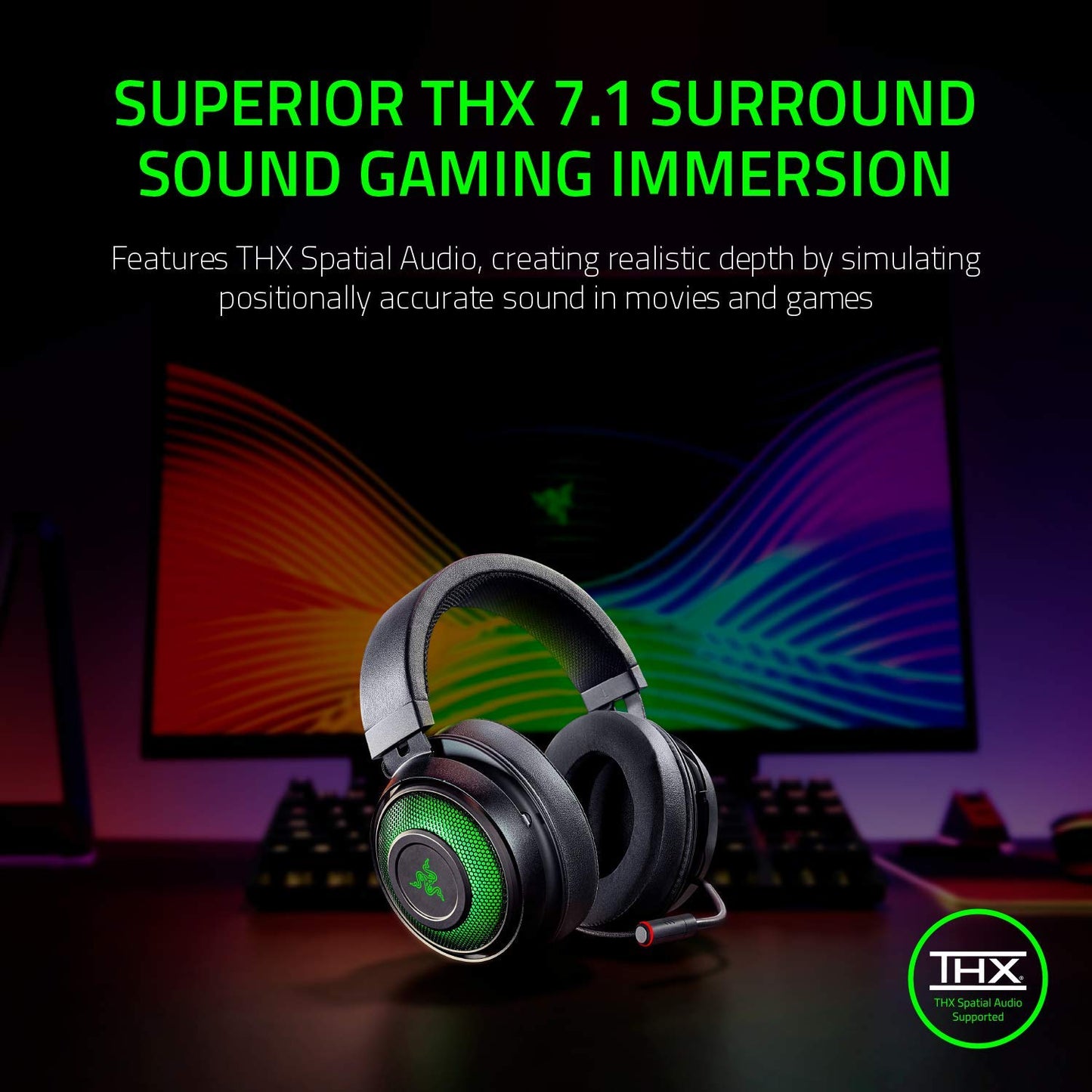 Kraken Ultimate RGB USB Gaming Headset: THX 7.1 Spatial Surround Sound - Chroma RGB Lighting - Retractable Active Noise Cancelling Mic - Aluminum & Steel Frame - for PC & Mac - Classic Black