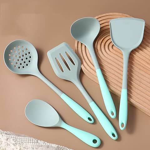 Five-piece silicone cooking utensil set for non-stick cookware