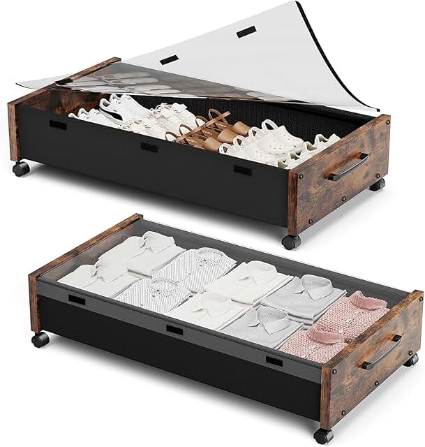 Wooden Under Bed Storage Bins with Wheels, 2 Pack