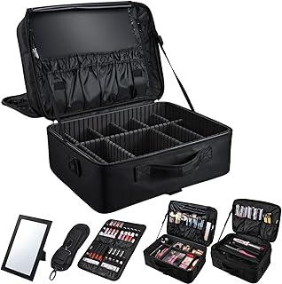 Large 3-Layer Makeup Bag with Mirror and Brush Slots