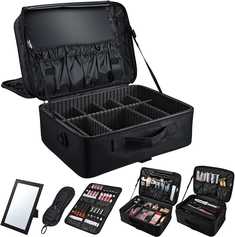 Large 3-Layer Makeup Bag with Mirror and Brush Slots