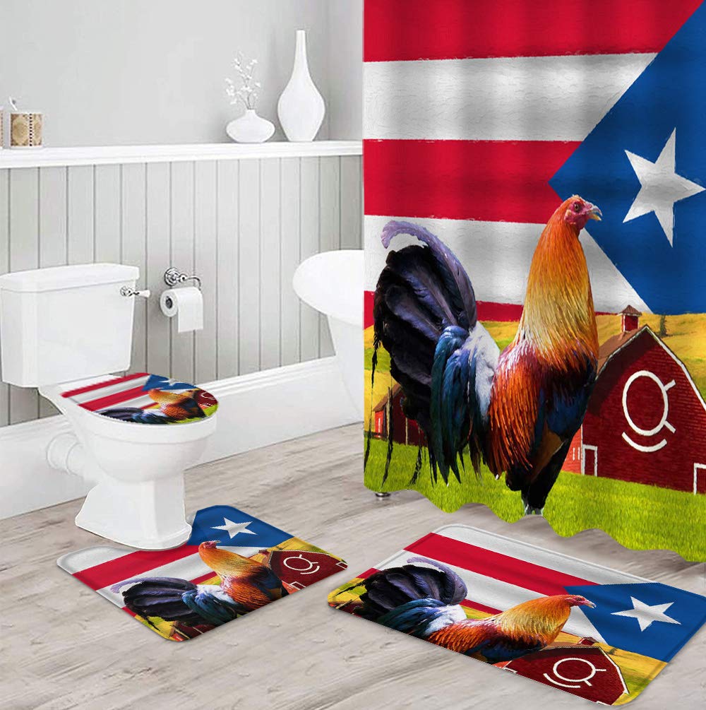 4Pcs Shower Curtain Polyester Waterproof Shower Curtain Set Puerto Rico Flag Farm Rooster Kitchen Animal Red Barn Anti-Skid Rug,Tet Lid Cover  Bath Mat with 12 Hooks