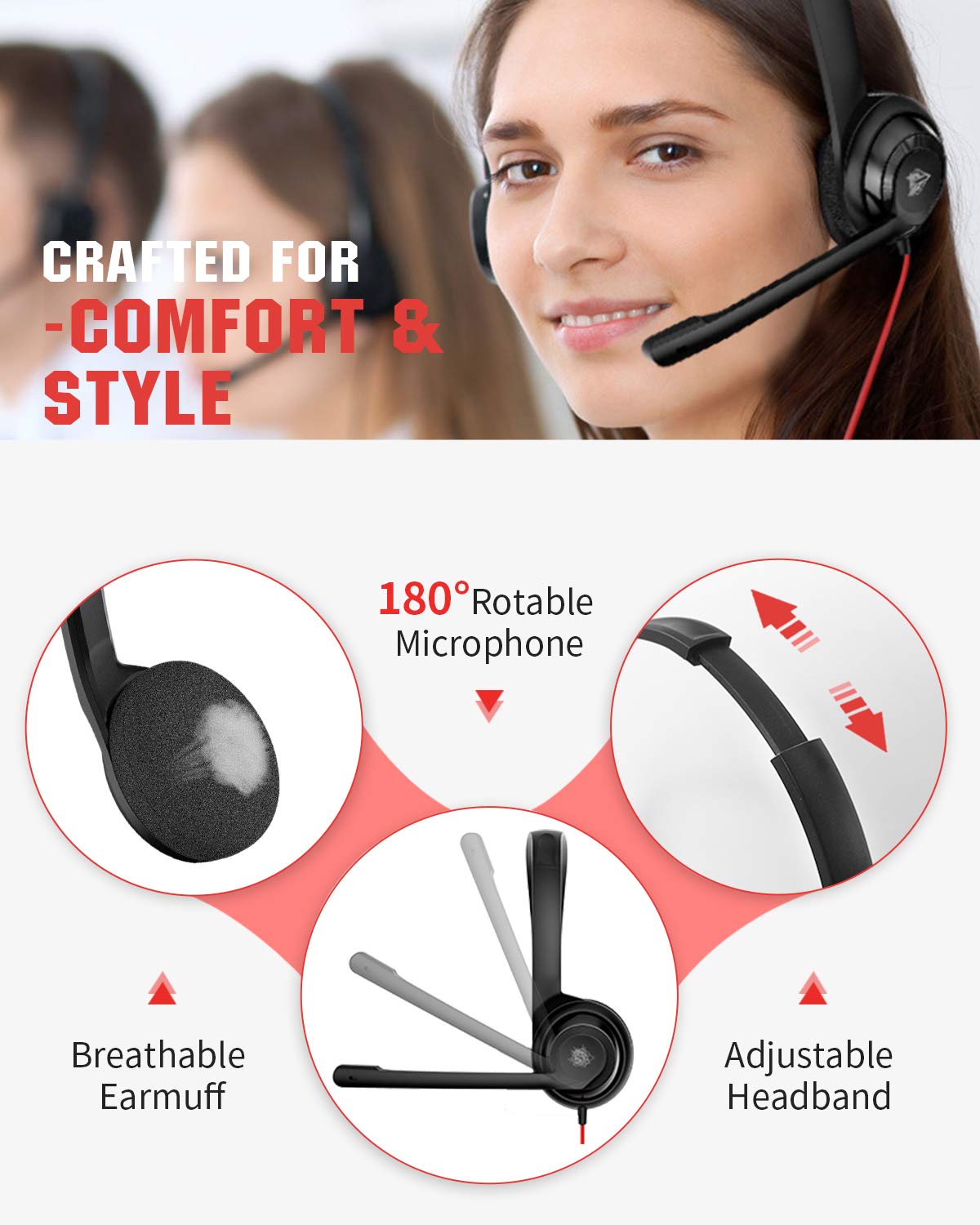 USB Headset with Microphone for Laptop PC, headphones with Noise Cancelling Microphone for Computer, On-Ear Wired Office Call Center Headset for Boom Skype Webinars, In-line Control, Lightweight