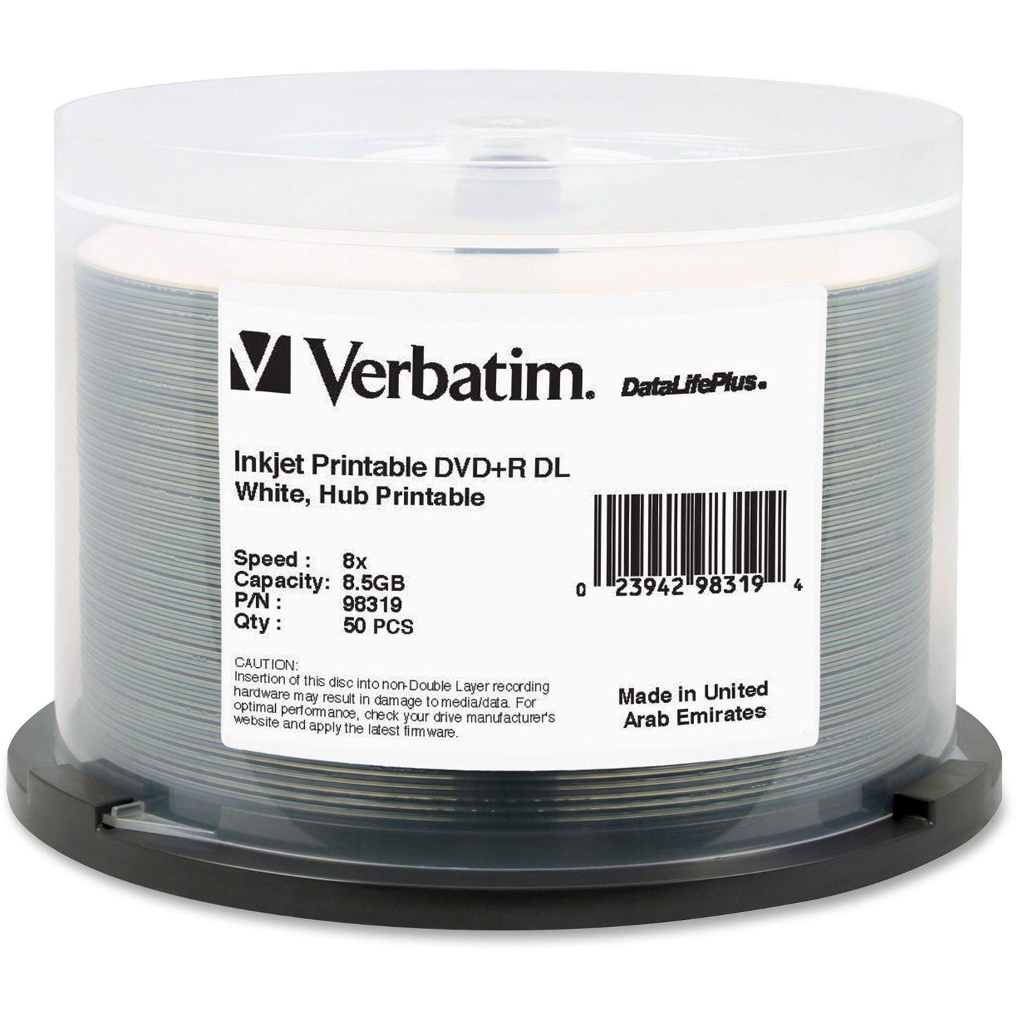 DVD+R DL 8.5GB 8X DataLifePlus White InkJet Printable, Hub Printable - 50pk Spindle - 98319