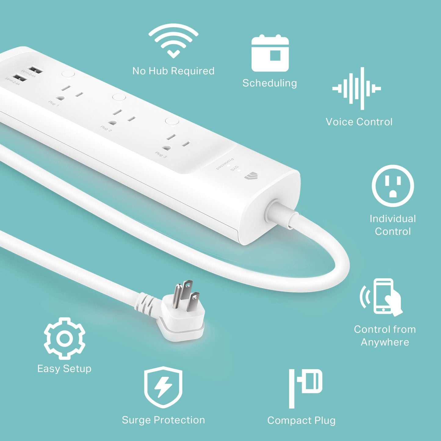 Plug Power Strip KP303, Surge Protector with 3 Individually Controlled Outlets and 2 USB Ports, Works with & Google Home, No Hub Required , White