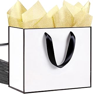 12 Large White Gift Bags with Ribbon Handles