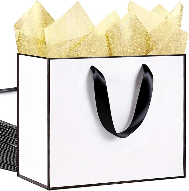 12 Large White Gift Bags with Ribbon Handles