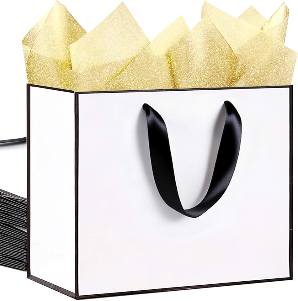 12 Large White Gift Bags with Ribbon Handles