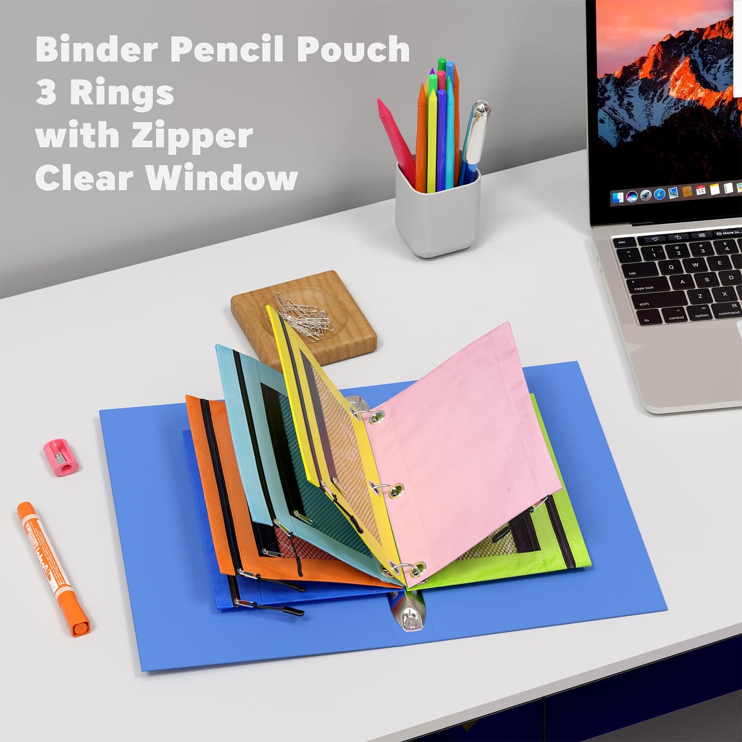 8-Pack Multi-Color 3-Ring Pencil Pouches with Zipper