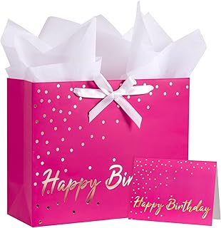 Hot Pink Birthday Gift Bags with Tissue and Card