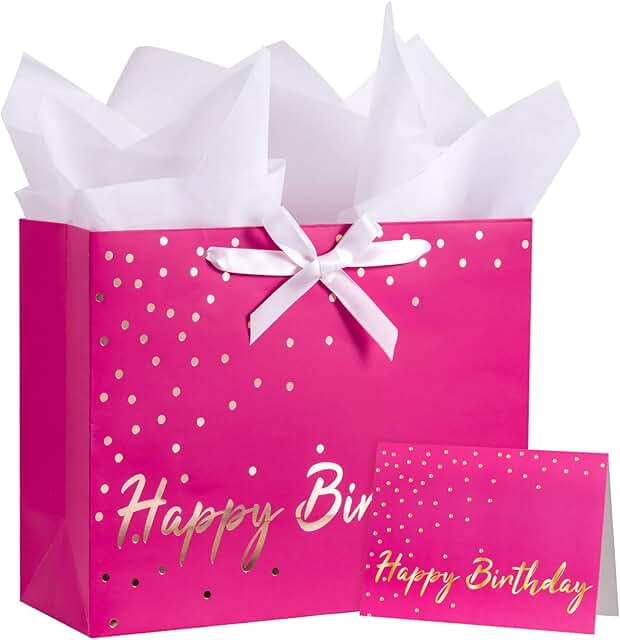 Hot Pink Birthday Gift Bags with Tissue and Card