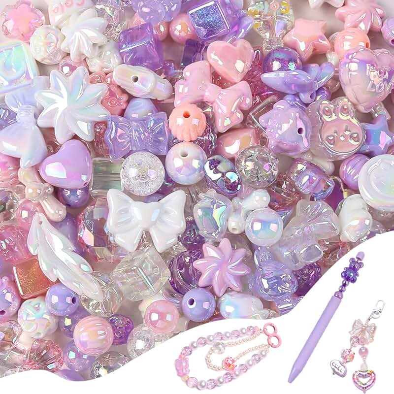 Assorted Pink and Purple Glitter Acrylic Beads for Jewelry and Crafts