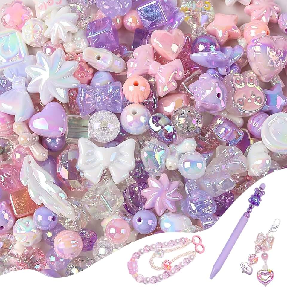 Assorted Pink and Purple Glitter Acrylic Beads for Jewelry and Crafts