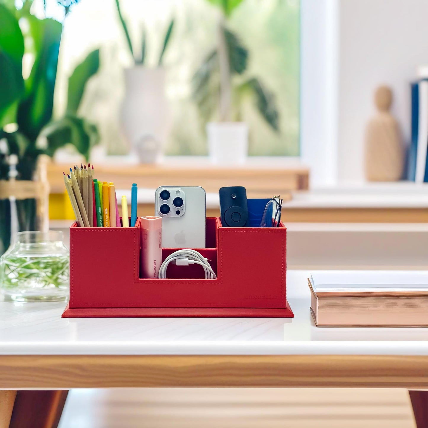 Red Leather Desk Organizer with Multiple Compartments