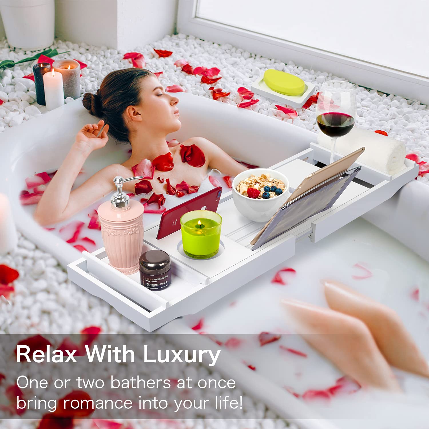 Bamboo Bathtub Caddy Tray with Book and Wine Holder,Bath Accessories  Bed Tray with Extending Sides,Bathroom Organizer for Men/Women,Free Soap Holder,White