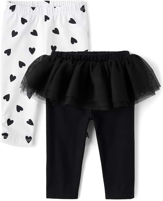 Baby Girls Knit Pull-On Pants, Black Ruffle & White Hearts, 2-Pack