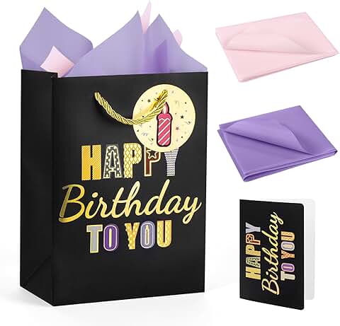Small black birthday gift bag with handles and tissue paper