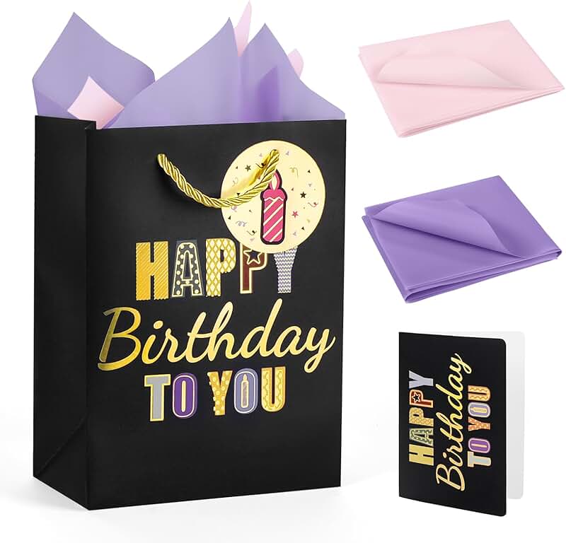 Small black birthday gift bag with handles and tissue paper